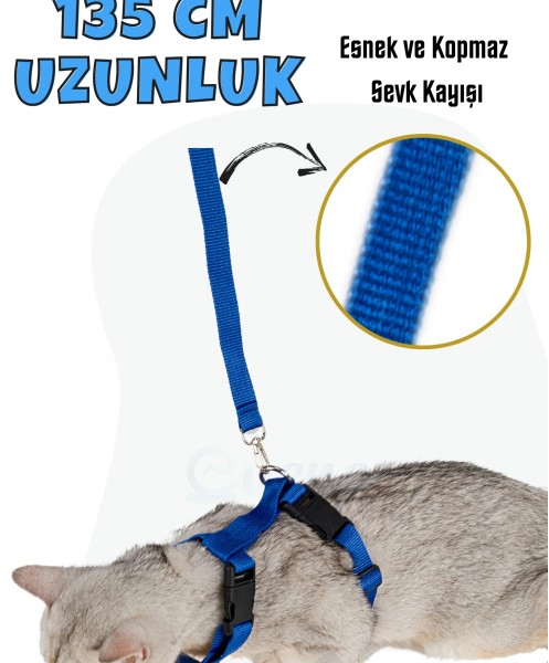 Kedi Tasması Kedi Gögüs Bel Ayarlanabilir Tasma Mavi 2CM